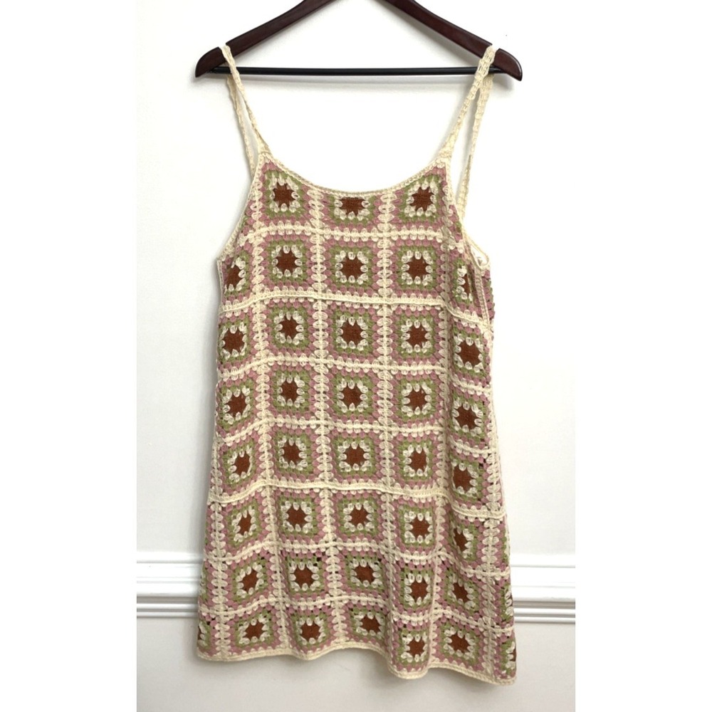 Pink Lily Crochet Granny Square Tank Dress Swim Cover Sz L Lined Retro Boho